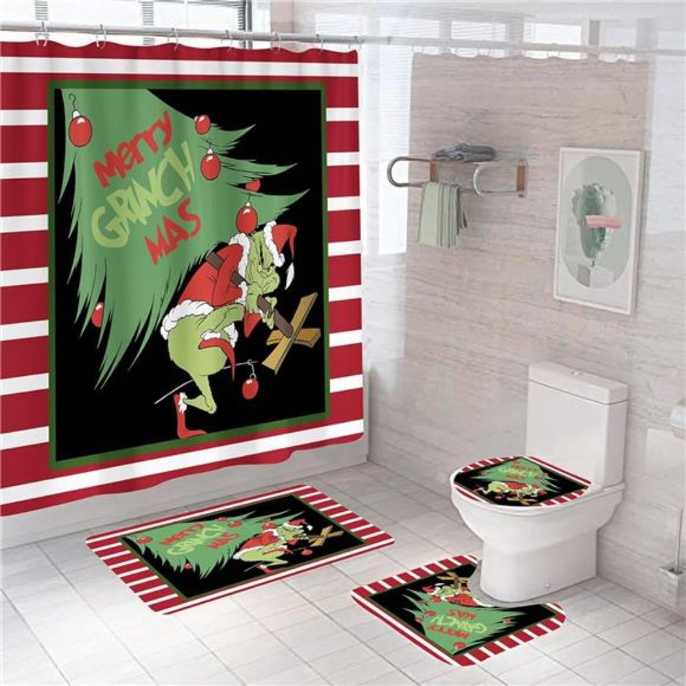 4 Pcs |  Christmas Shower Curtain Set |  Christmas Bathroom Home Decorations